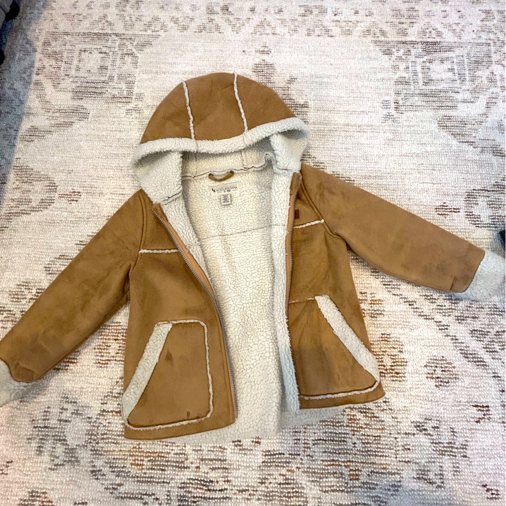 Koolaburra Kids Tan Faux Suede Puffer Coat with Cream Sherpa Lining
